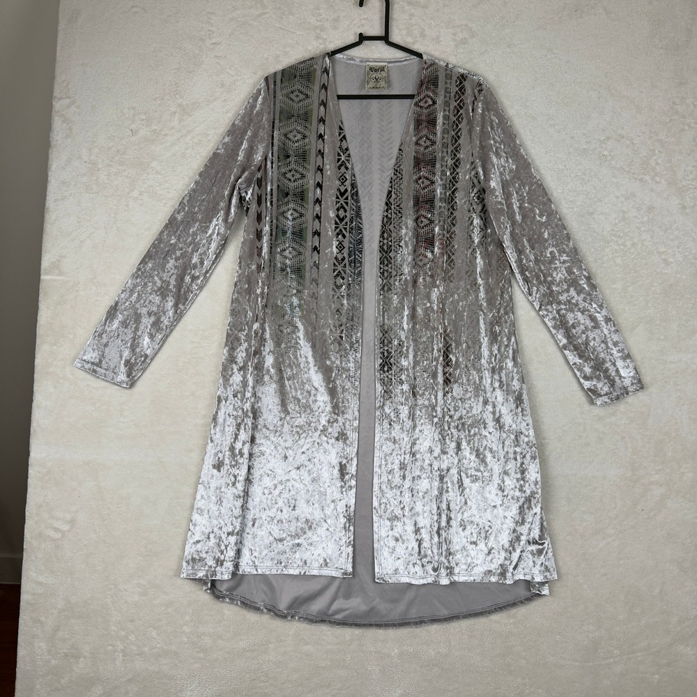Vocal USA Burnout Velvet Duster Cardigan Open Front‎ Aztec Print Boho Fairy Sz M